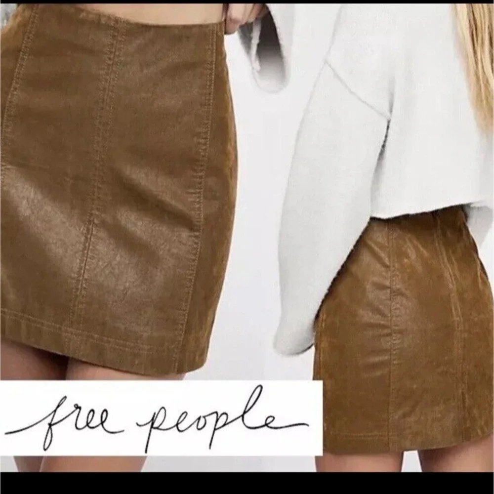 Free People Skirt Women sz 0 Brown Olive Modern Femme‎ Vegan Leather A Line Mini